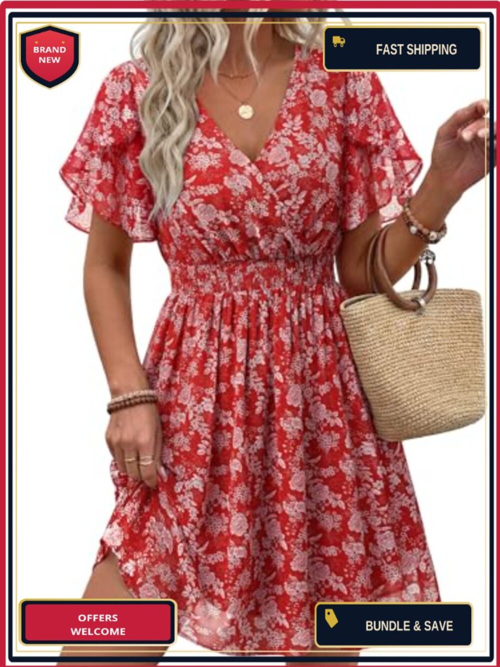 Chiffon Ruffle Sleeve V-Neck Boho Casual Summer Dress